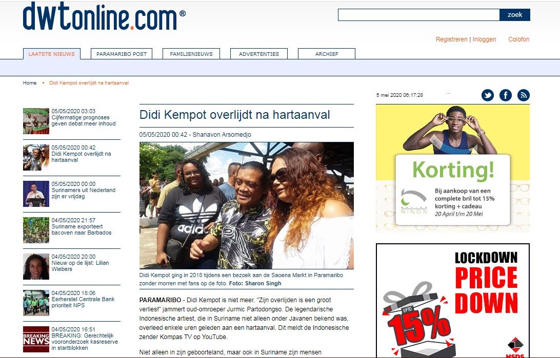 PEMBERITAAN media Suriname terkait wafatnya Didi Kempot.*