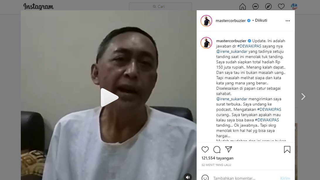 tangkap layar Dewa Kipas yang sakit hati karena dituduh mempermalukan dunia percaturan Indonesia
