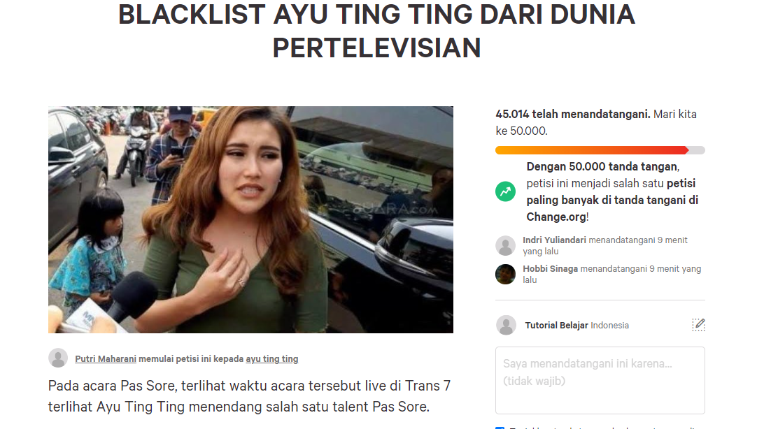 Petisi yang mendesak agar stasiun TV Tanah Air boikot penyanyi dangut, Ayu Ting Ting.