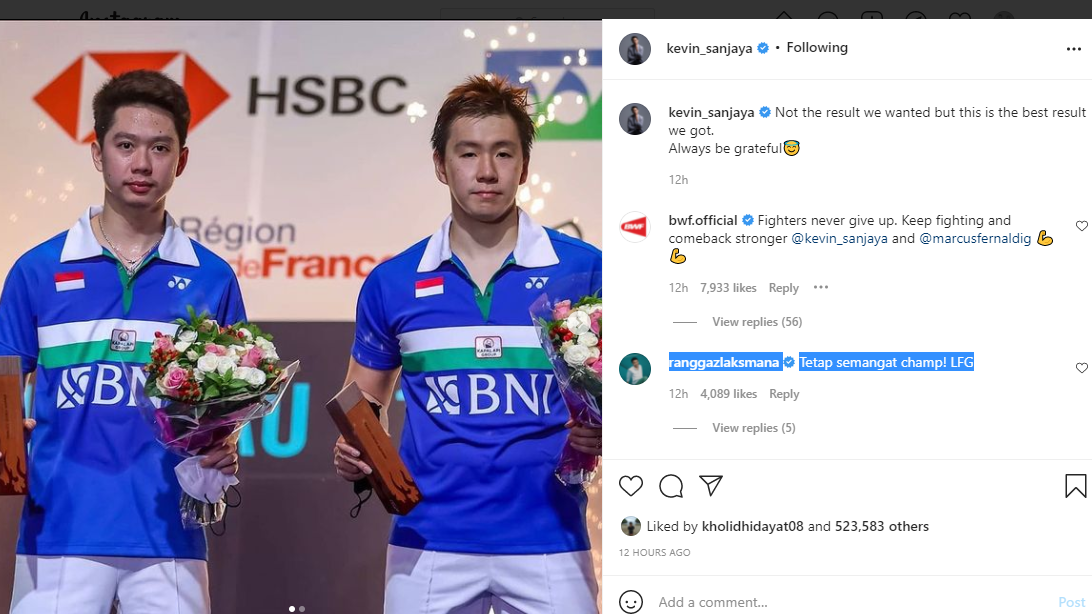 Tangkap layar unggahan Kevin Sanajaya pasca gagal di Final French Open 2021