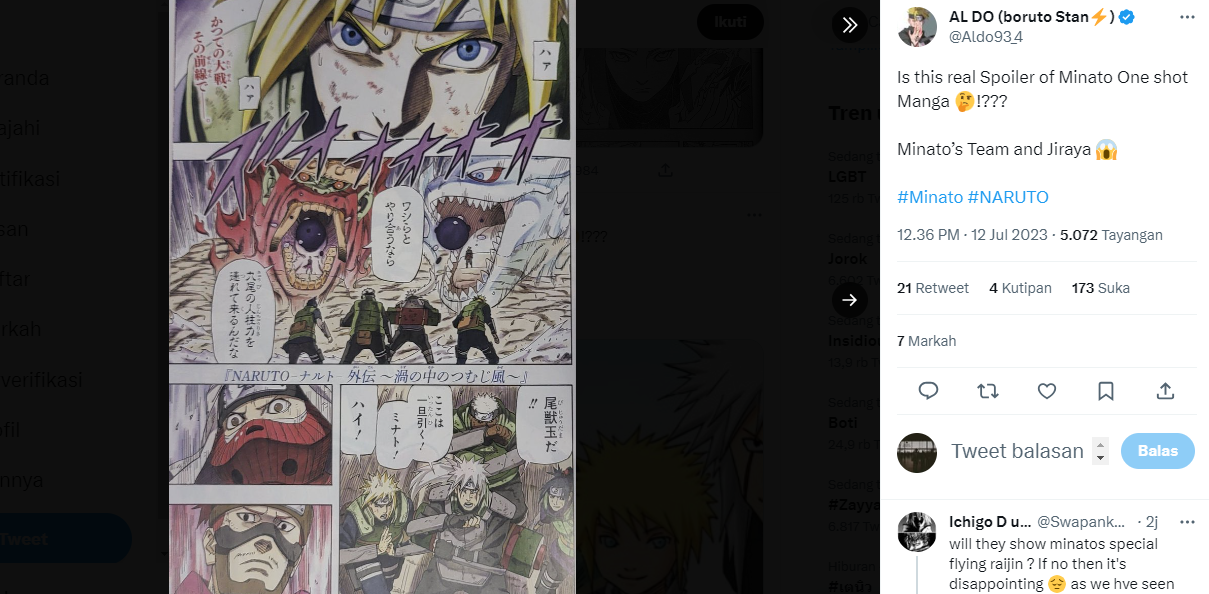 Bocoran spoiler halaman manga One Shot Minato Naruto Gaiden: Uzu no Naka no Tsumujikaze versi raw.