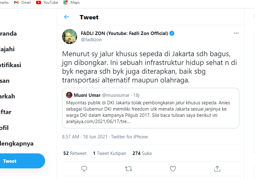 Cuitan Fadli Zon terkait polemik pembongkaran jalur sepeda khusus di DKI Jakarta