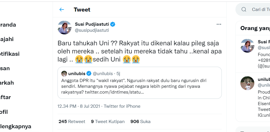 Cuitan Susi Pudjiastuti terkait usulan politikus Partai PAN untuk adakan rumah sakit khusus untuk pejabat