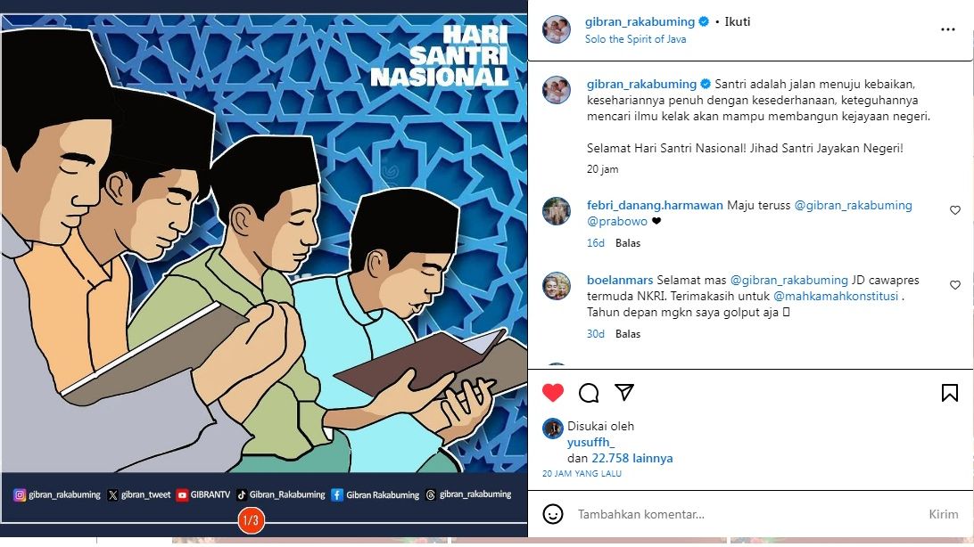Postingan Instagram pribadi Gibran diserang netizen usai diusung jadi Cawapres Prabowo