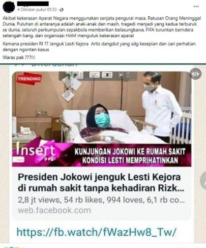 HOKAS - Beredar sebuah unggahan yang menyebut jika Presiden Jokowi menjenguk Lesti Kejora di rumah sakit.*