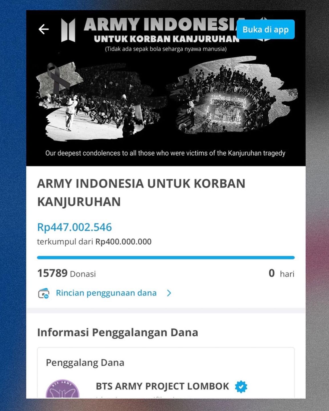 ARMY Indonesia Sukses Galang Dana Korban Tragedi Kanjuruhan, Nominal Fantastis Lebih Dari 400 Juta