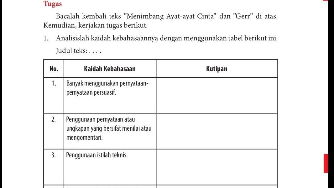 Kaidah Kebahasaan Teks Menimbang Ayat-Ayat Cinta dan Gerr, Kunci Jawaban Bahasa Indonesia Kelas 12 Halaman 210.*