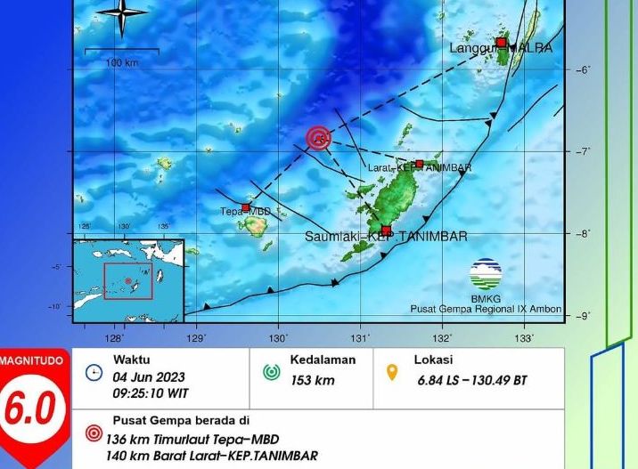 infografis pusat gempa bumi berkekuatan magnitudo 6.0 yang melanda wilayah Kepulauan Tanimbar Maluku Utara.