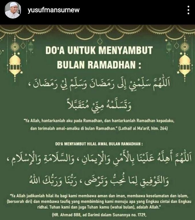 Tangkapan layar Instagram Ustadz Yusuf Mansyur terkait doa menyambut Ramadhan dan doa menyambut hilal awal bulan Ramadhan