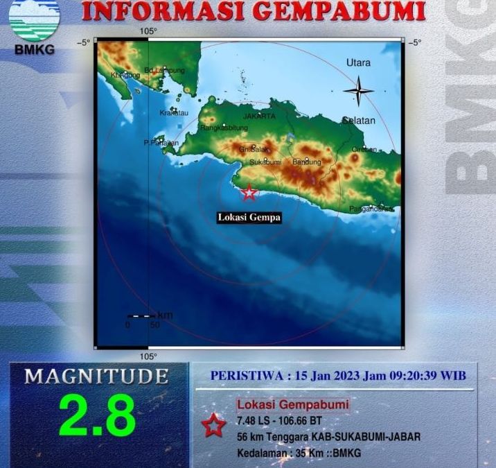 Peta pusat gempa bumi tektonik yang melanda Kabupaten Sukabumi Minggu  15 Januari 2023.