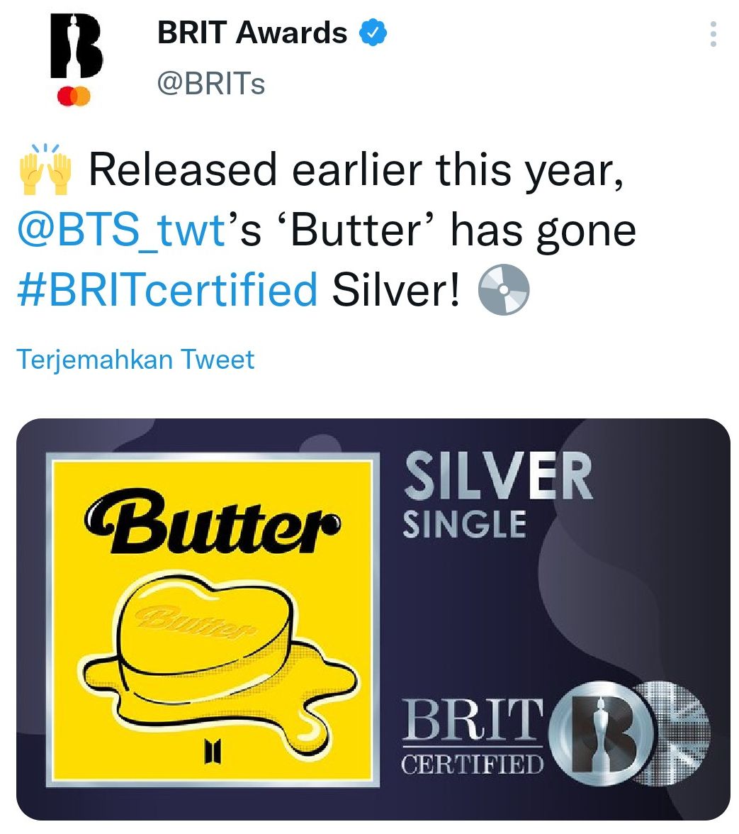 Single "Butter” BTS Raih Sertifikat Silver Di UK, Tangkapan Layar Twitter @BRITs