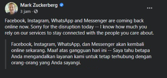 Mark Zuckerberg meminta maaf atas gangguan di Instagram, Facebook, dan WhatsApp.