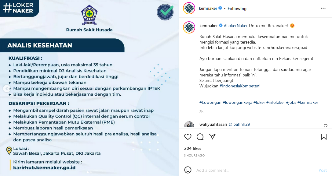 Unggahan Kemnaker tentang info loker Rumah Sakit Husada, Jakarta.