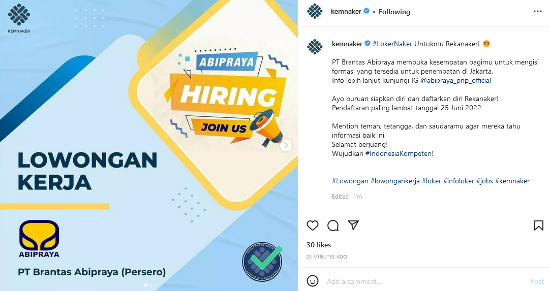 Unggahan Instagram Kemnaker tentang info loker PT Brantas Abipraya.