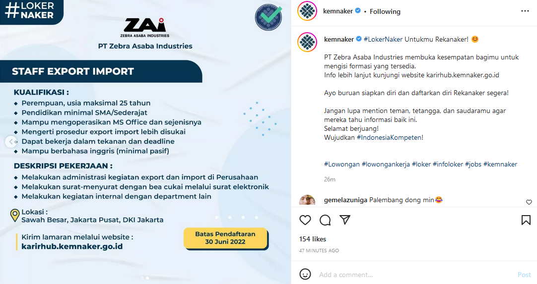 Unggahan Instagram Kemnaker tentang info loker PT Zebra Asaba Industries.