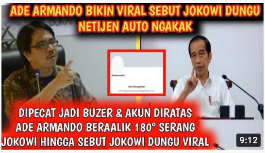 Thumbnail video yang mengatakan bahwa Ade Armando serang Presiden Jokowi setelah dipecat jadi buzzer