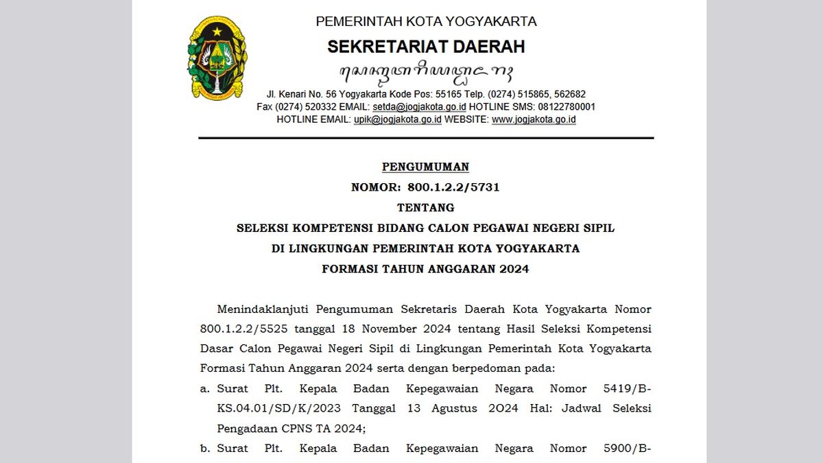 Pengumuman jadwal skb cpns pemkot yogyakarta 2024 cek namamu di sini