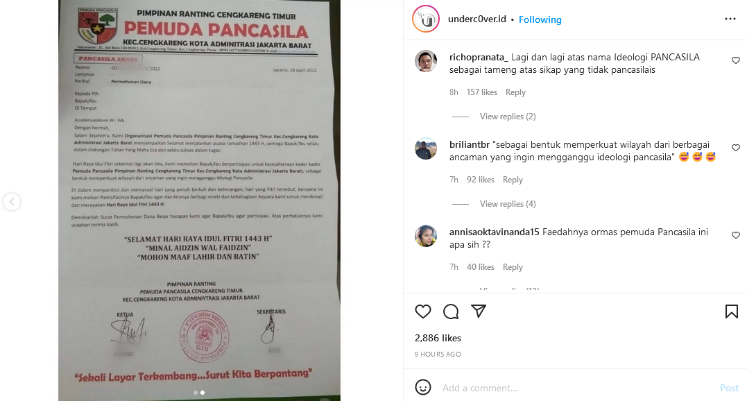 Surat diduga dari ormas Pemuda Pancasila minta THR yang viral di Instagram.