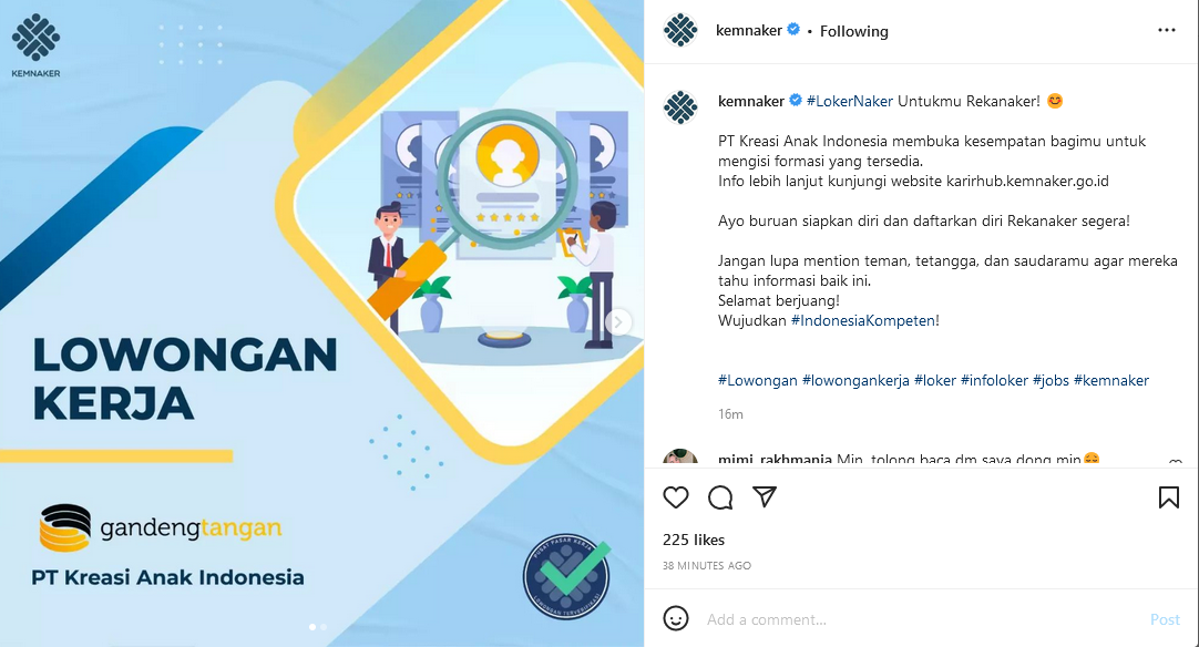Informasi loker PT Kreasi Anak Indonesia dari Instagram Kemnaker.