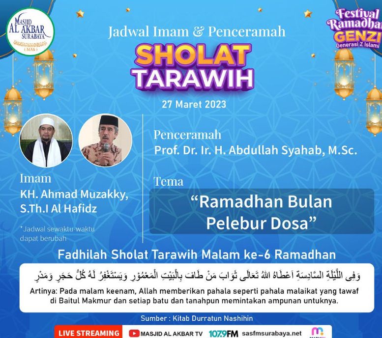 Jadwal Penceramah Tarawih Masjid Al Akbar Surabaya Hari Senin, 27 Maret 2023 di Bulan Ramadan 1444 H