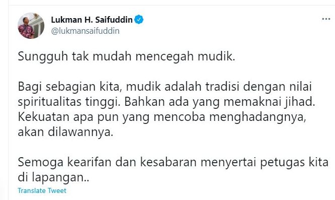Cuitan eks Menteri Agama Lukman H Saifuddin, 10 Mei 2021.