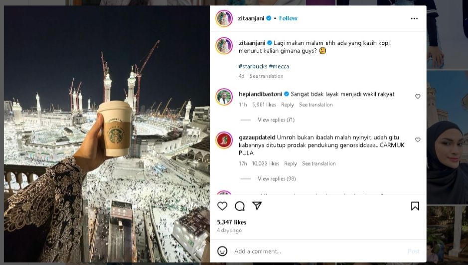 Postingan pertama Zita Anjani, anak Menteri Perdagangan Indonesia yang memancing keributan akibat menyindir boikot produk Pro-Israel/Instagram/@@zitaanjani