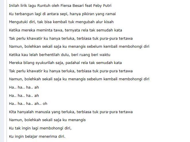 Cek lirik lagu Runtuh oleh Feby Putri Feat Fiersa Besari yang maknanya tentang penerimaan diri