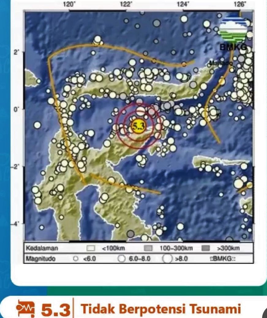 Peta pusat gempa bumi tektonik magnitudo 5.3 yang melanda Kepulauan Banggai Sulawesi Tengah, Jumat 30 Juni 2023.