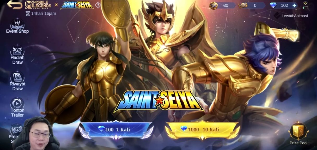 Event "Saint Seiya", Mobile Legends akan mengadirkan 6 Skin Hero, diantaranya Hero Badang " Sagitarius Seiya", Hero Chou "Libra Shiryu", dan Valir "Leo Ikki".