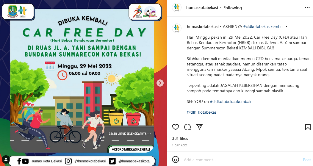 Unggahan Instagram Humas Kota Bekasi tentang Car Free Day Minggu, 29 Mei 2022 nanti.