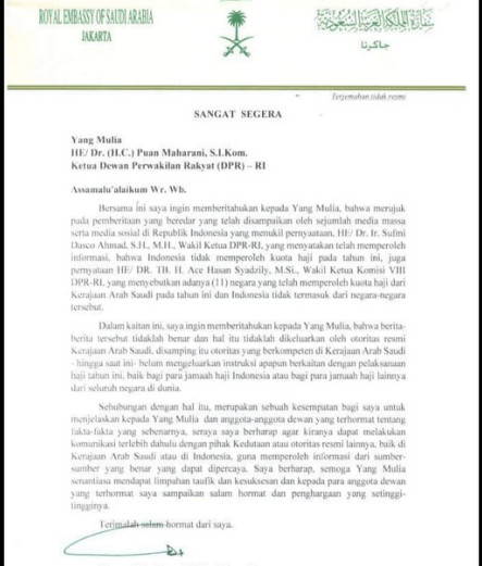 Surat dari Kedutaan Besar Arab Saudi yang menyatakan tidak benar Indonesia  tidak mendapat kuota haji.