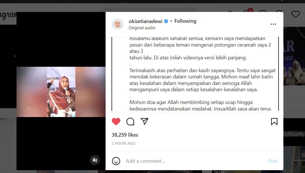 Unggahan  Oki Setiana Dewi di Instagramnya terkait ceramahnya yang viral tentang KDRT. 