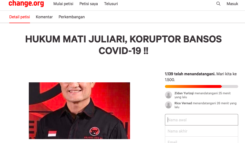 Tangkapan layar petisi online change.org yang meminta KPK menghukum mati mantan Menteri Sosial Juliari Batubara, Koruptor Bansos COVID-19!!