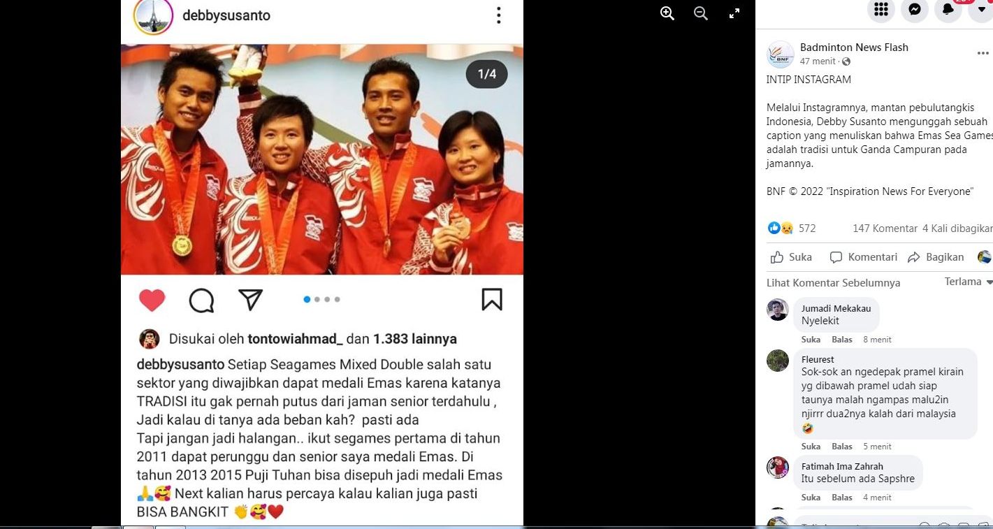 Debby Susanto saat menyindir sekaligus menyemangati ganda campuran Indonesia yang gagal membawa pulang medali emas di Sea Games Vietnam 2021