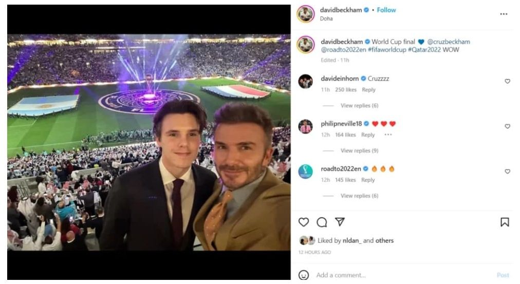 David Beckham dan anaknya menyaksikan pertandingan final Piala Dunia 2022 di Qatar.