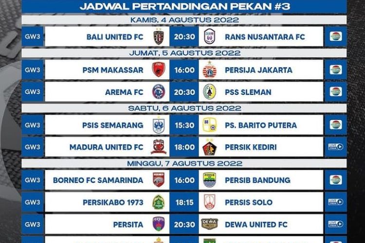 BRI Liga 1 2022/23 Jadwal Pekan ke-3, Dimulai Hari Ini Dibuka Bali