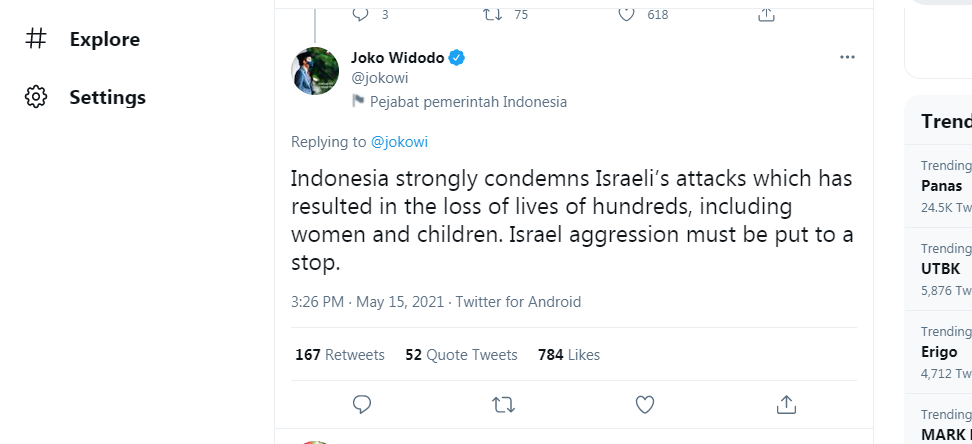 Cuitan Jokowi terkait serangan Israel ke Palestina.