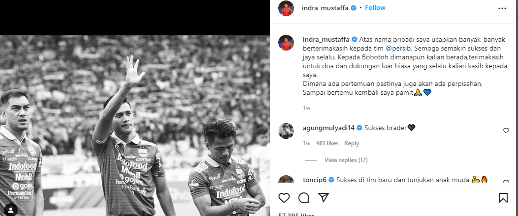 Postingan perpisahan Indra Mustafa dari Persib Bandung. 