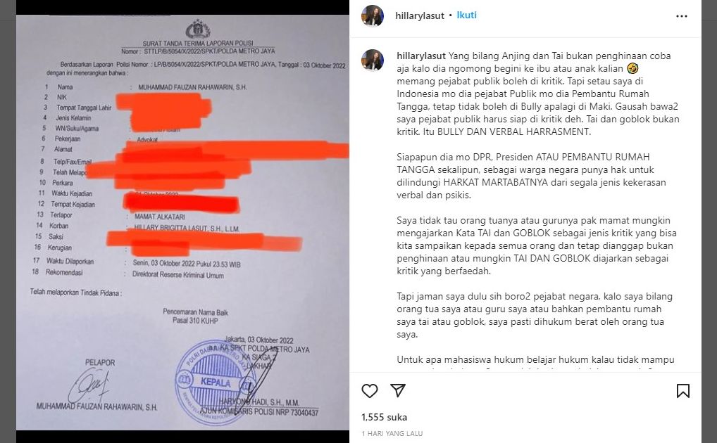 Bukti surat laporan yang dilayangkan oleh Brigitta Lasut ke pihak Polda Metro Jaya atas dugaan pencemaran nama baik yang dilakukan oleh Mamat Alkatiri