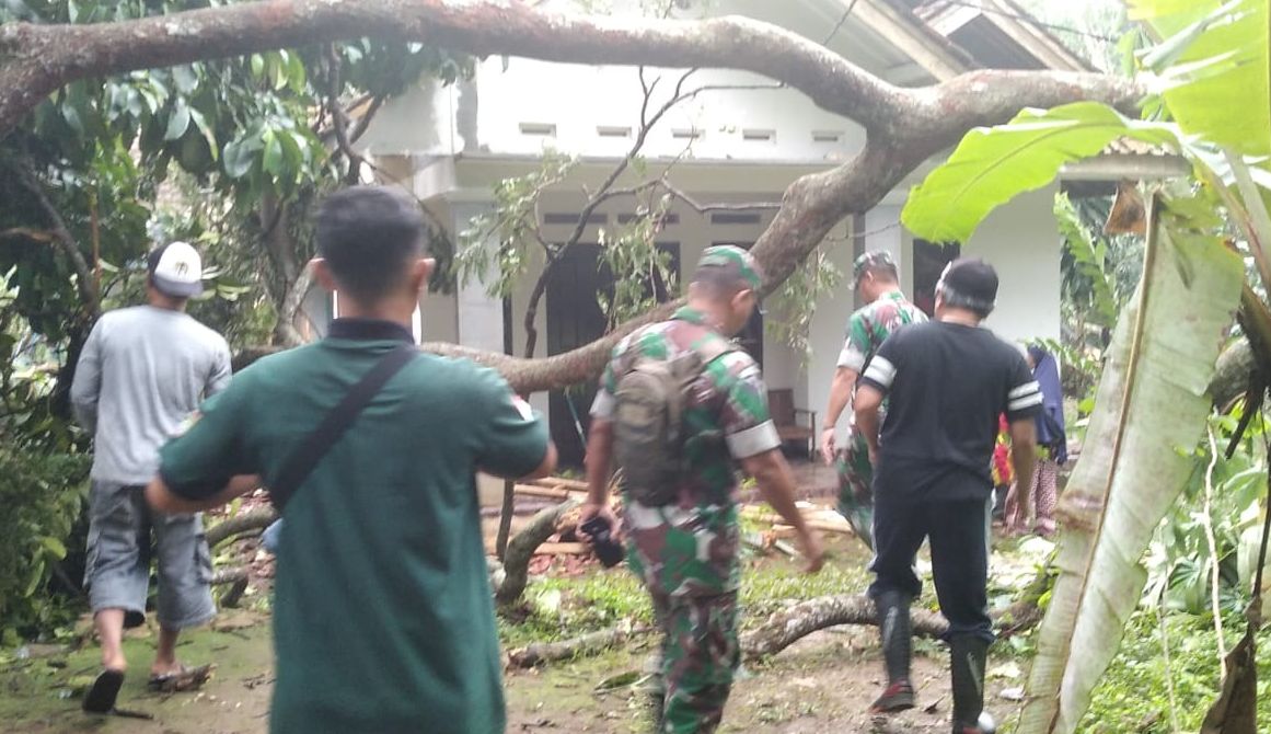 Anggota TNI Koramil Kawali bersama warga memberikan pohon yang tumbang dan menimpa rumah warga setelah diterjang angin puting beliung.