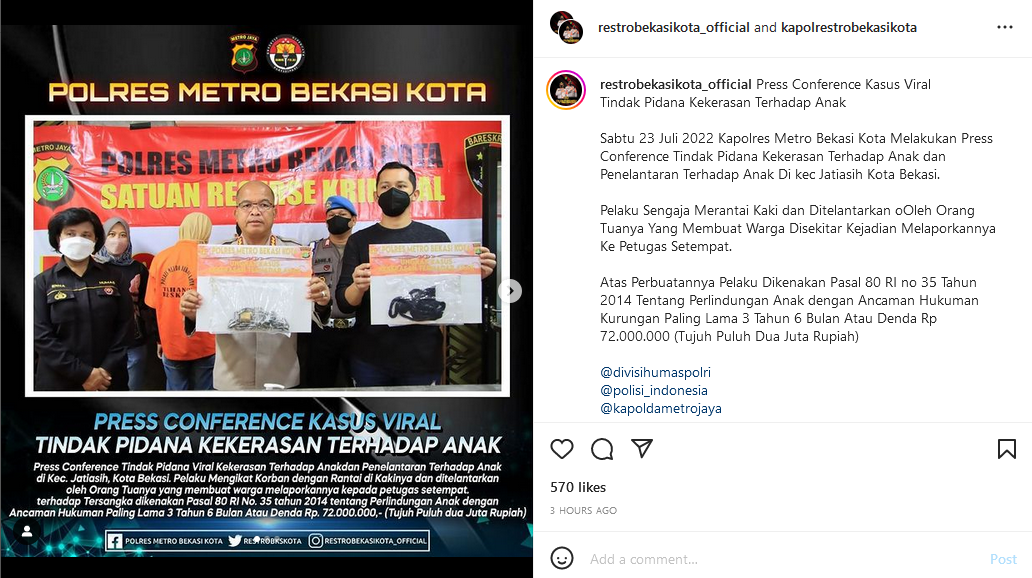 Unggahan Instagram Polres Metro Bekasi Kota tentang penangkapan pelaku kekerasan terhadap anak yang viral di media sosial belum lama ini.
