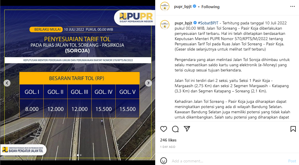 Unggahan Instagram Badan Pengatur Jalan Tol PUPR terkait tarif tol baru Soroja Bandung. Instagram @pupr_bpjt