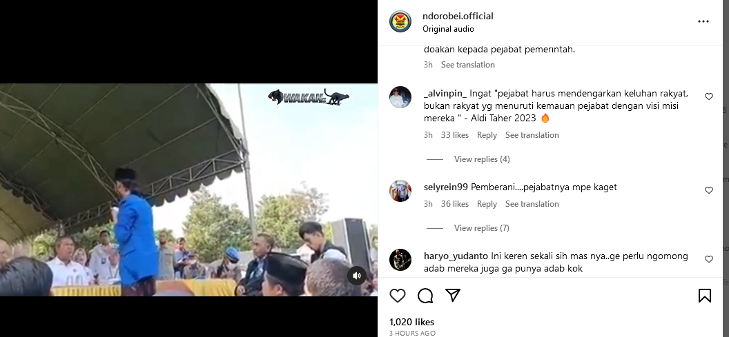 Viral aksi Mahasiswa siramkan air doa ke muka pejabat bikin heboh hingga tuai pro dan kontra./Tangkapan media sosial ndorobei.official