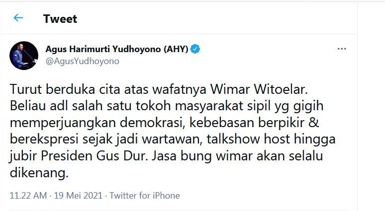 Cuitan AHY yang menyatakan turut berbela sungkawa atas meninggalnya Wimar Witoelar