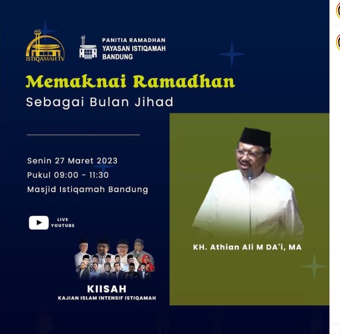 Jadwal Kajian Islam Intensif Masjid Istiqamah Bandung Hari Senin, 27 Maret 2023 Ramadhan 1444 H