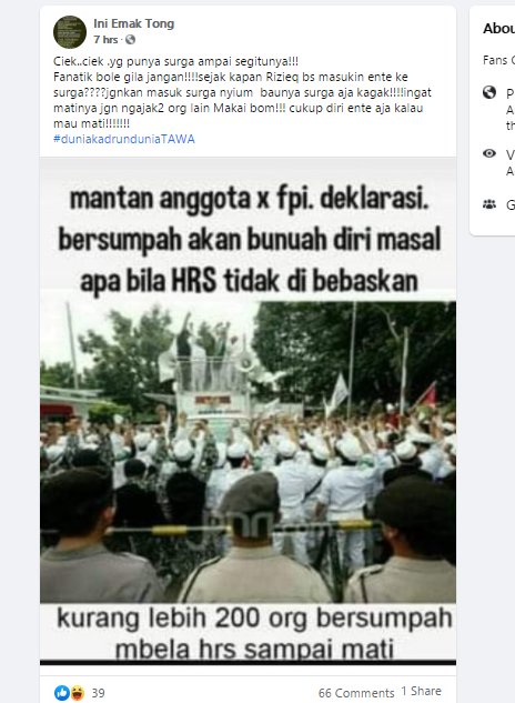 unggahan gambar dengan sebuah narasi yang mengklaim aksi demo yang dilakukan mantan anggota FPI merupakan hoax/Facebook/@Ini Emak Tong