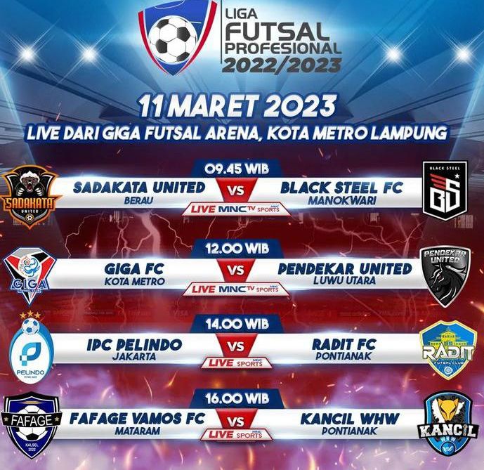Jadwal Lengkap Liga Futsal Profesional 2023 Pekan 8 Live MNC TV: Ada Fafage Vamos FC Hingga Pendekar United