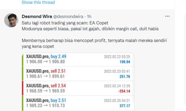 Tangkapan layar unggahan Desmond Wira yang mengabarkan salah satu robot trading scam