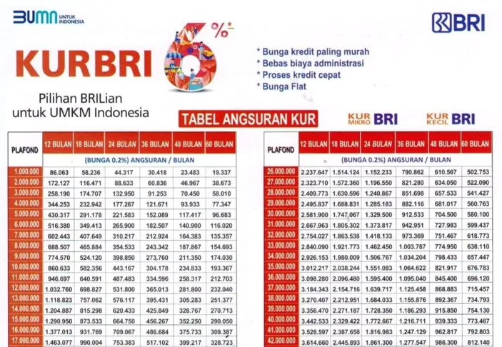 Tabel Angsuran KUR BRI 2023 Rp50 Juta Cair Tanpa Jaminan Bunga 6 Persen ...