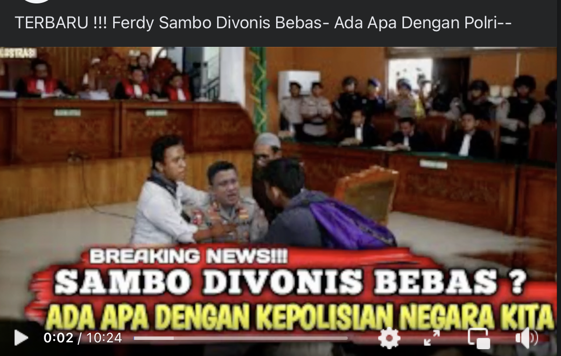 Thumbnail video yang menyebut Ferdy Sambo divonis bebas dalam kasus Brigadir J